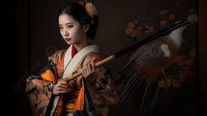 geisha woman with a spear and a bird