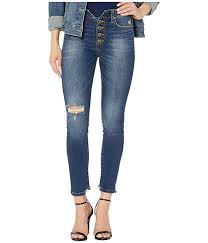 Notched Buttonfly High Waist Skinny Jeans In Medium Blue