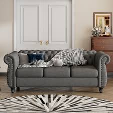 Magic Home 82 In Classic Chesterfeild Dutch Plush Gray Upholstered Sofa With Oned Tufted Backrest And Rubber Wood Legs