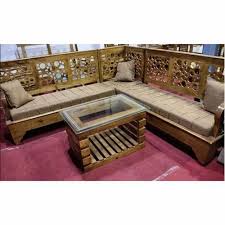 l shape brown teak wood corner sofa set