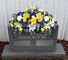Blue rose bud cemetery saddle. Blue Yellow Large Cemetery Headstone Saddle Grave Headstone Etsy Cemetery Flowers Memorial Flowers Grave Flowers