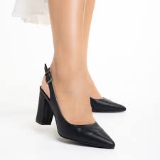 Pantofi dama cu toc negri din piele ecologica Raiza - Kalapod