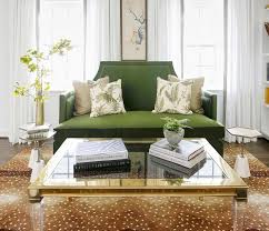 green sofa on antelope print rug