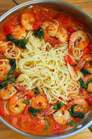 garlic shrimp pasta in red wine tomato