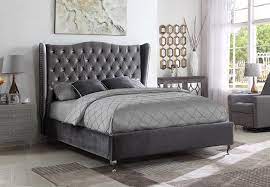 Grey Velvet Queen Bed With Nailhead And