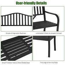 2 Seat Black Metal Outdoor Bench With Built In Adjustable Center Table