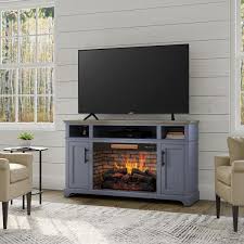 Home Decorators Collection Hillrose 52 In Freestanding Electric Fireplace Tv Stand In Blue Ash With Rustic Taupe Oak Top