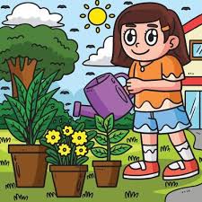Girl Watering Plants Colored Cartoon
