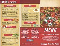 menu of snappy tomato pizza in seymour