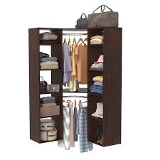 closetmaid style chocolate hanging wood closet corner system with 2 16 97 in w towers 2 corner shelves and 2 corner rods brown