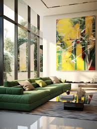 living room with two bright green sofas