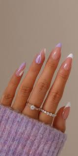 lilac white french almond nails