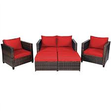 Costway 5pcs Patio Rattan Furniture Set Loveseat Sofa Ottoman Cushioned Red