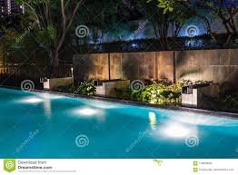 Pool Lighting In Backyard At Night For Family Lifestyle And Living Area Luxury Design With Good Light And Clean Landscaping Stock Photo Image Of Lush Leisure 116858290