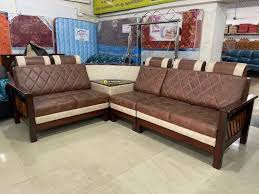 5 seater leather teak wood corner sofa set