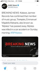 Sa is mourning the death of veteran kwaito musician and trompies member mojalefa 'mjokes' matsane, who kalawa jazmee records confirmed died on sunday morning in a car accident. Ra0glvo5fpfjem