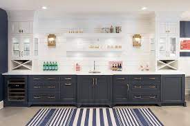 Dark Blue Basement Wet Bar Cabinets