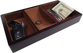 Amazon.com: Woltar Wooden Valet Tray with 3 Compartment Leatherette  Organizer Box for Wallets, Coins, Keys, and Jewelry : Clothing, Shoes &  Jewelry