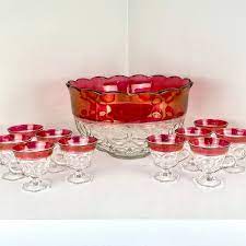 1960s Ruby Red Glass Punch Bowl Set