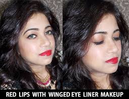 red lips with winged eye liner makeup