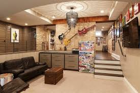 Basement Man Cave With Guitars On Wall