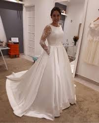 Satin wedding dress by designer stella york. Vintage Lace Sleeved Wedding Dress Satin Ball Gown With Pockets Alinanova