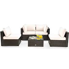 Costway 5pcs Patio Rattan Furniture Set Cushioned Sofa Chair Coffee Table White
