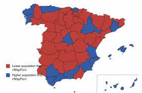 78% spanish population living in cities such as madrid ,barcelona ,valencia, sevilla ,zaragoza, malaga, murcia. Spanish Provinces With A Higher Lower Population Than This Subreddit Maps Interestingmaps Interesting Province Spanish Lower