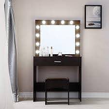 Amazon Com Vanity Makeup Table Set With Lighted Mirror Nxkang Vanity Set With 12 Led Lights Mirror And Cushioned Stool Dressing Table Writing Desk With Bench For Bedroom Bathroom 2 Drawers Kitchen