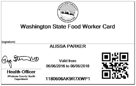 Title slide of washington state food worker card. Credentials Alissa E Parker