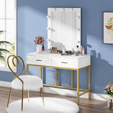 tribesigns virginia white and gold bedroom vanity table with lighted mirror 2 drawers 60 4 in h x 35 4 in w x 15 7 in d