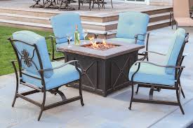 Grand patio outdoor conversation set with fire pit, 6 pcs furniture set sectional sofa set, wicker patio sofa & fire pit table backyard & garden set rattan side cabinet 4.1 out of 5 stars 47 $1,399.99 $ 1,399. Fleur De Lis Living Rhonda 5 Piece Fire Pit Patio Set With 4 Cushioned Rockers In Blue And 40 000 Btu Propane Gas Fire Pit Wayfair