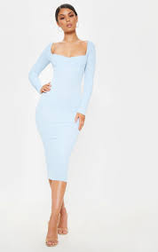 Baby Blue Ribbed Long Sleeve Cup Detail Midi Dress Long Sleeve Dress Outfit Blue Bodycon Dress Long Sleeve Midi Dress