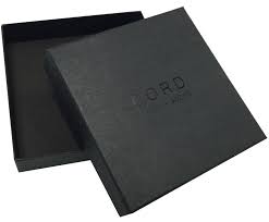 black logo embossed cardboard box