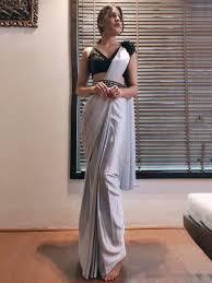 How to wear jeans with saree. Buy Grey Satin Silk Festive Ready To Wear Saree With Belt Online From Ethnicplus For 1699