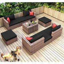 Urtr Brown 10 Piece Patio Conversation Set Outdoor Pe Wicker Sectional Sofa Set With Pillow Protection Cover Black Cushion
