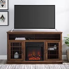 Welwick Designs 58 In Dark Walnut Wood And Glass Windowpane Tv Stand Fits Tvs Up To 65 In With Electric Fireplace