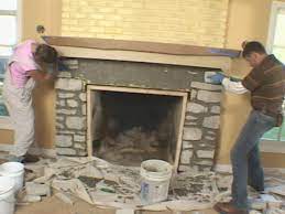 a fireplace mantel and add stone veneer