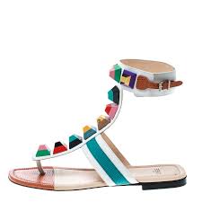 Fendi Multicolor Leather Studded Ankle Cuff Flat Sandals Size 36