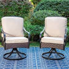 Phi Villa 7 Piece Metal Outdoor Patio Dining Set With Brown Rectangular Slat Table Top And Rattan Swive Chairs With Beige Cushions