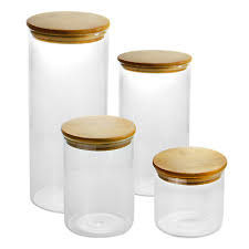 set of 4 glass storage jars with bamboo