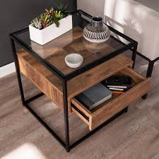 Natural Glass Top Storage End Table