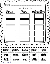 Students will identify adjectives in a group of words, use them . Noun Verb Adjective Worksheet 1st Grade And Sorts Pdf Google Drive First Grade Writing T Nouns And Verbs Worksheets Nouns Verbs Adjectives Nouns And Verbs
