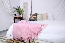 Light Pink Throw Blanket Bohemian Cloth
