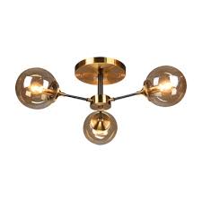 Glass Orb Semi Flush Light With Radial Design Mid Century Ceiling Light Fixture In Brass Beautifulhalo Com