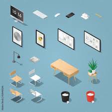 isometric office furniture and computer