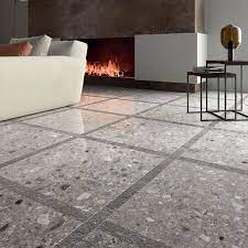 tilebar rizo cenere gray 24x24 terrazzo look semi polished porcelain tile backsplash wall and floor