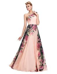 One Shoulder Flower Pattern Long Chiffon Bridesmaid Evening Dress