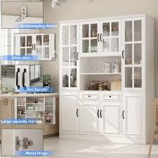 Wiawg White Wooden 63 In W Food Pantry Cabinet Storage Organizer With Tempered Glass Doors 2 Drawers Adjustable Shelves