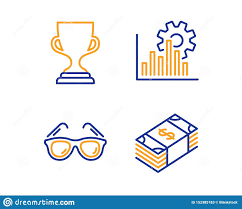 Seo Graph Award Cup And Sunglasses Icons Set Usd Currency